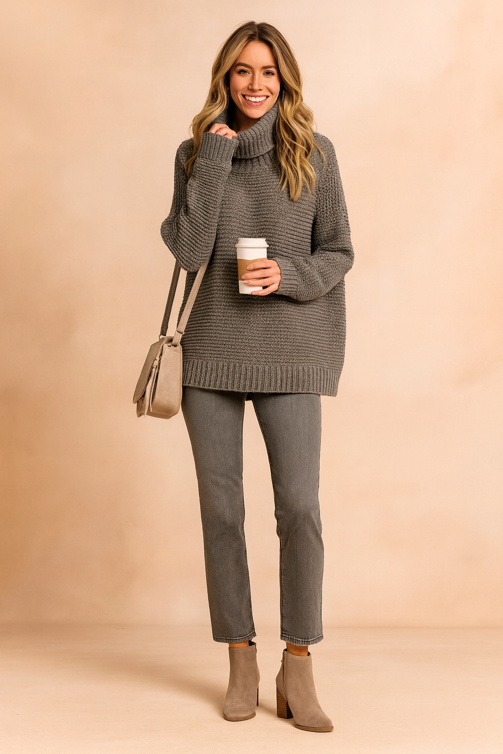 Damen Oversized Rollkragenpullover Bequem Warm Baumwolle 3