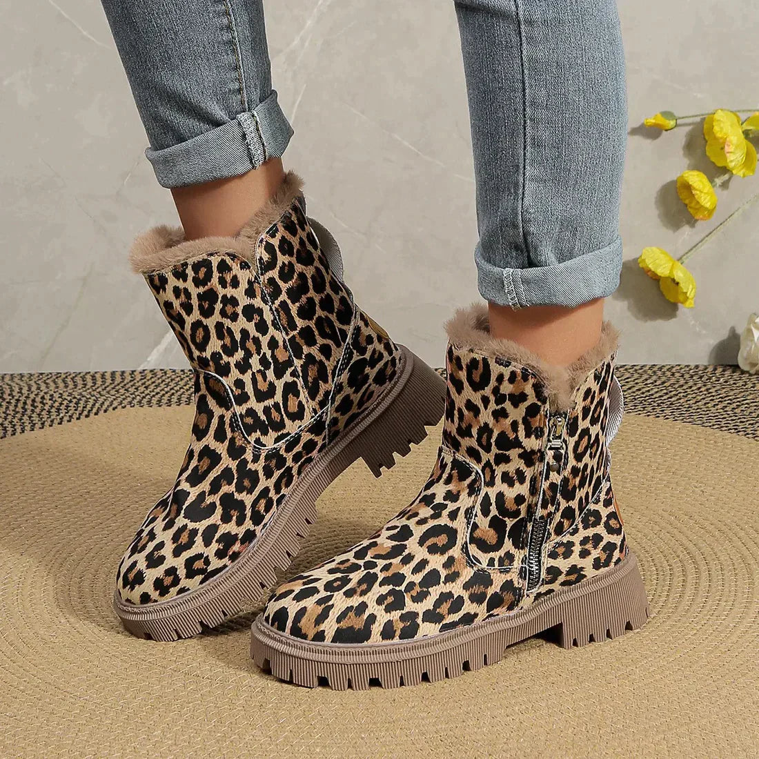 Damen Winterstiefel Gefüttert Leopardenmuster Plüsch Gummisohle 3