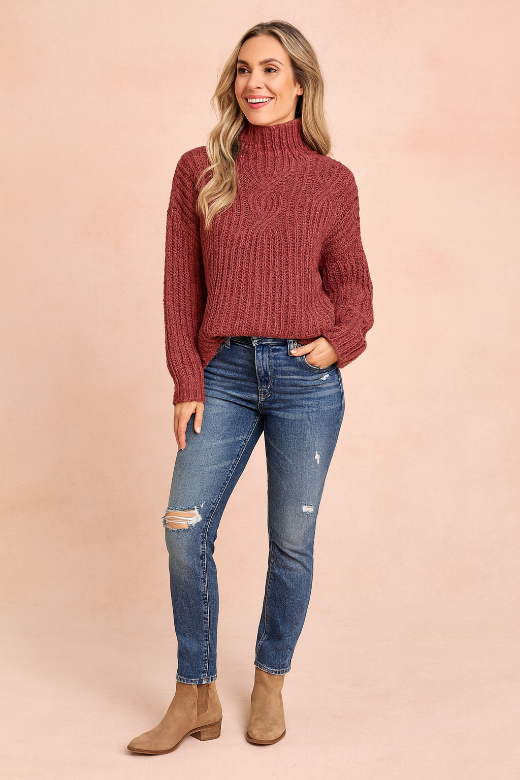 Damenpullover Rollkragen Zopfmuster Bequem 100% Baumwolle 2