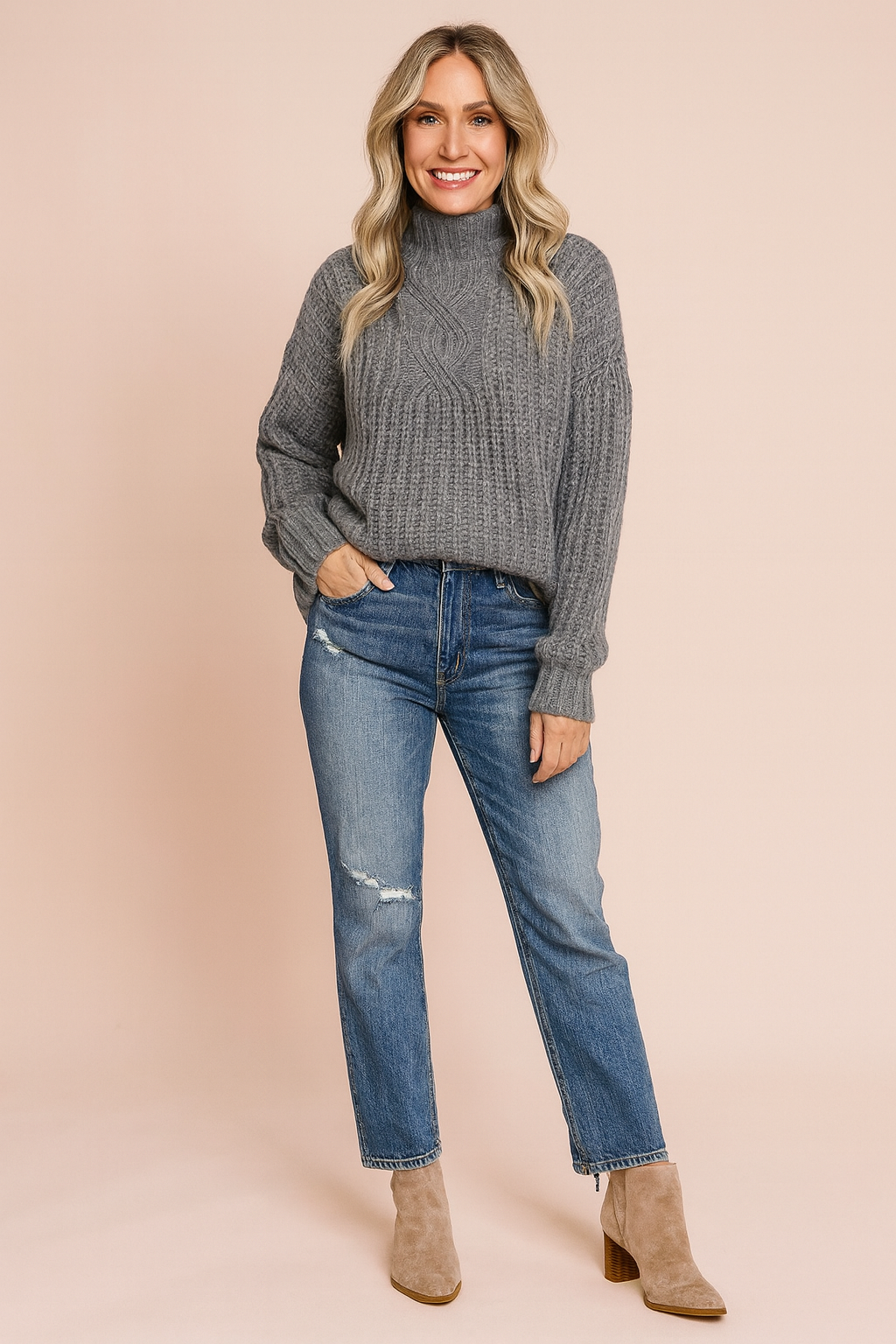 Damenpullover Rollkragen Zopfmuster Bequem 100% Baumwolle 3