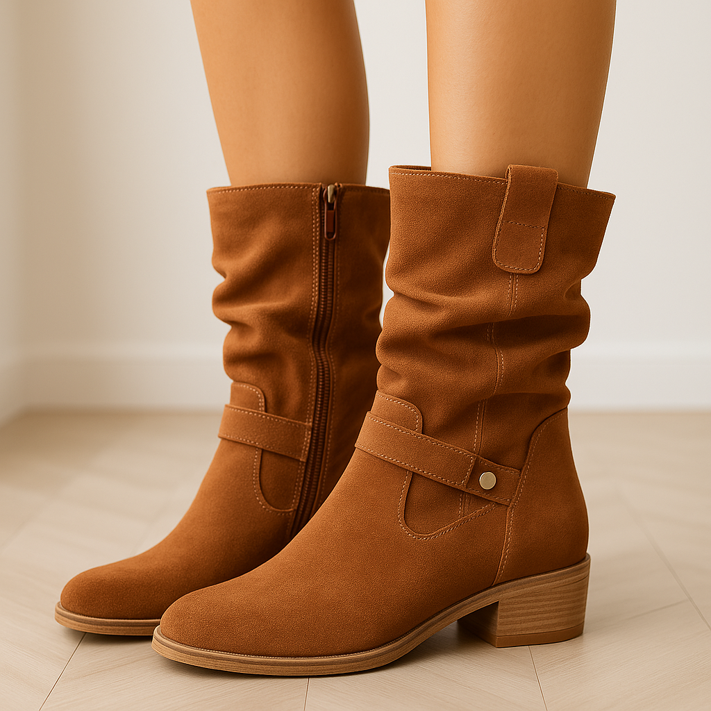 Damen Kniehohe Winterstiefel Bequem Wildleder Plissierter Schaft 1