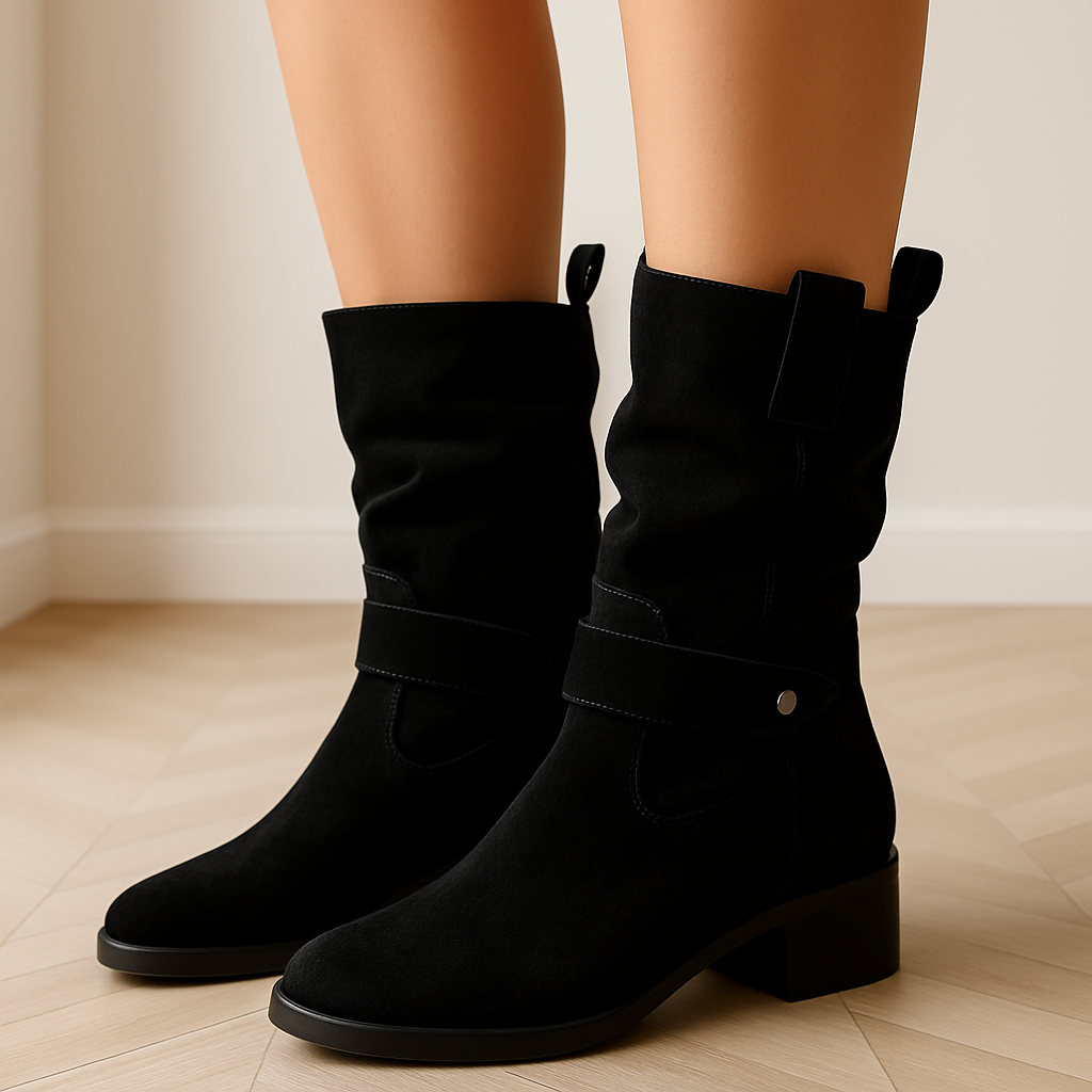 Damen Kniehohe Winterstiefel Bequem Wildleder Plissierter Schaft 2