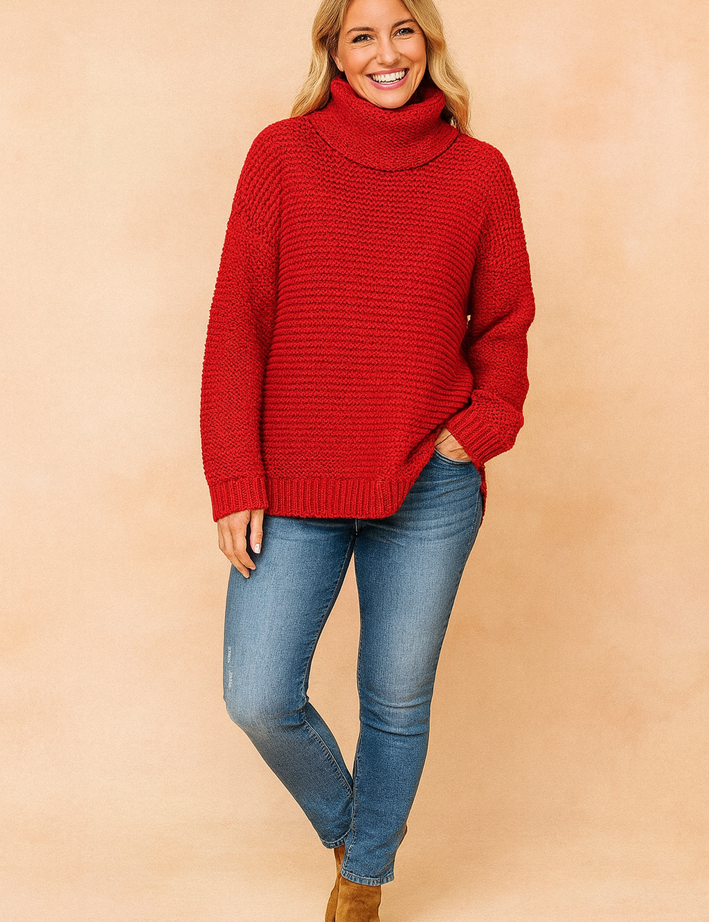 Damen Oversized Rollkragenpullover Bequem Warm Baumwolle 2