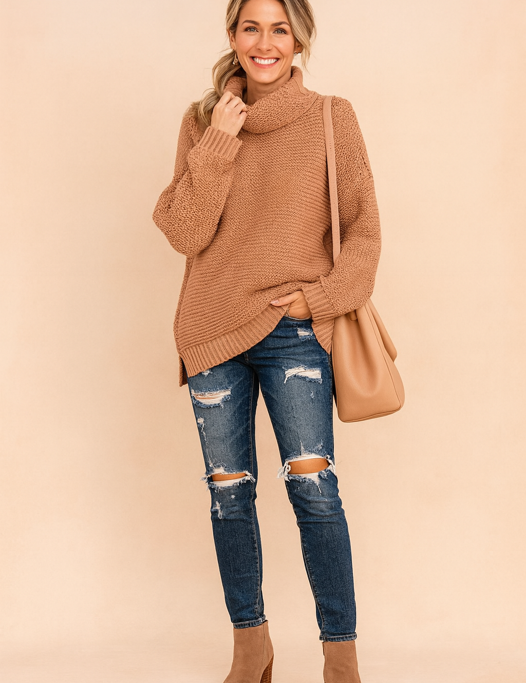 Damen Oversized Rollkragenpullover Bequem Warm Baumwolle 4