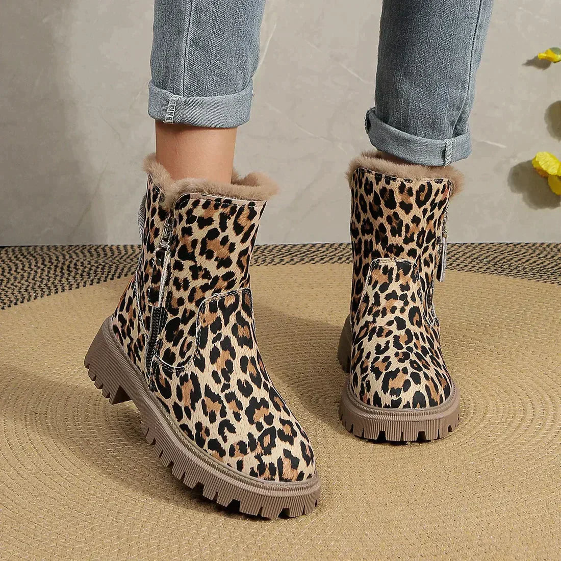 Damen Winterstiefel Gefüttert Leopardenmuster Plüsch Gummisohle 0
