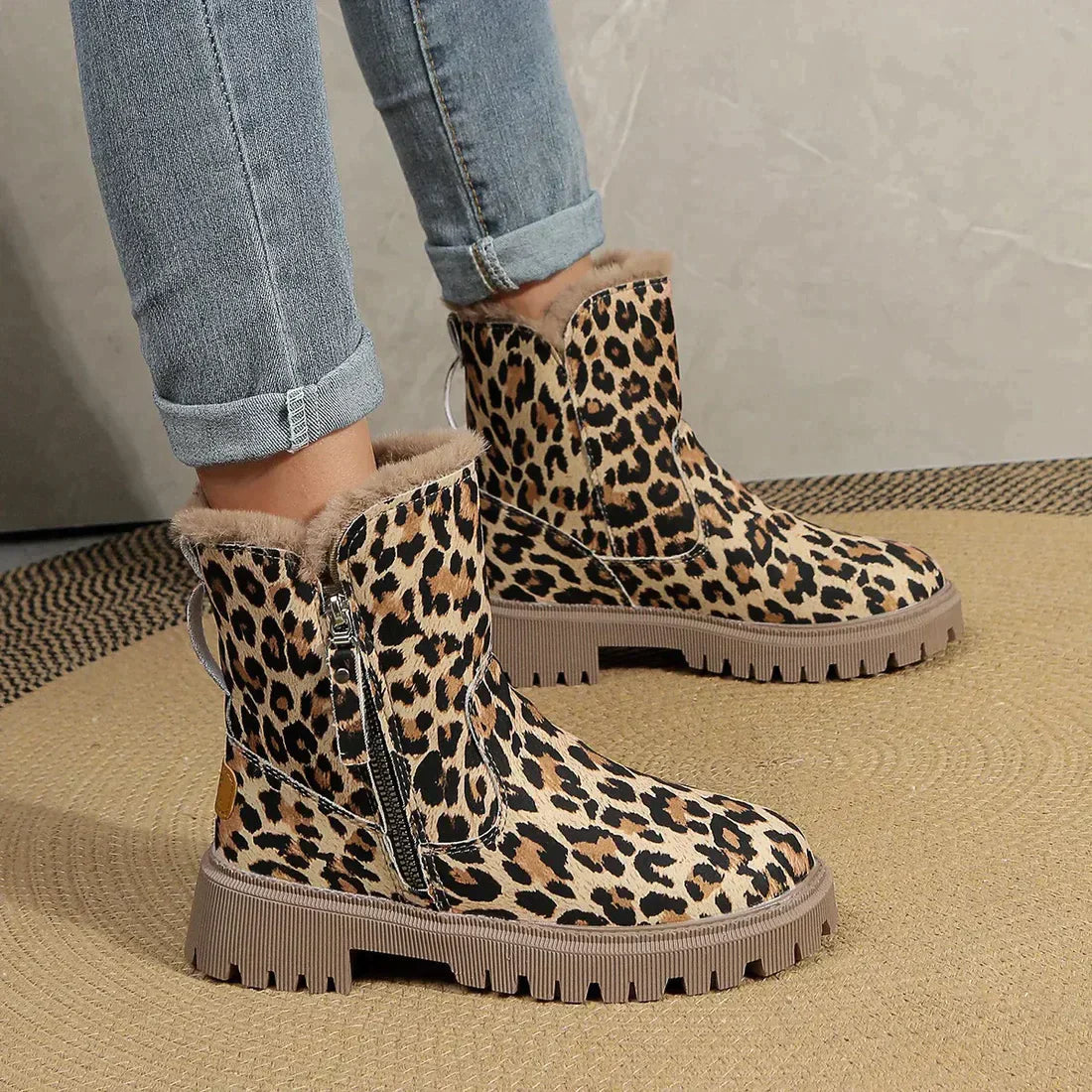 Damen Winterstiefel Gefüttert Leopardenmuster Plüsch Gummisohle 1