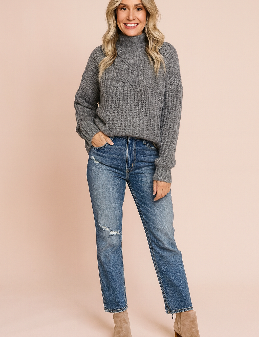 Damenpullover Rollkragen Zopfmuster Bequem 100% Baumwolle 3
